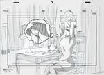  :&lt; aoki_yuriko arms_up bakuman bookshelf chair dress greyscale imagining jin_no_himitu lamp monochrome panties pencil pleated_skirt ponytail sitting sketch skirt skirt_lift solo table thought_bubble underwear 