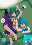  armpits bad_id bad_pixiv_id barefoot blue_hair detached_sleeves green_eyes green_hair himegi jpeg_artifacts karakasa_obake kochiya_sanae multiple_girls one_eye_closed purple_umbrella short_hair sleeping tatara_kogasa tongue touhou umbrella 