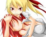  bacho biting blonde_hair blush breasts cleavage closed_eyes ear_biting flandre_scarlet hong_meiling medium_breasts multiple_girls red_eyes red_hair touhou wings yuri 