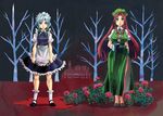  blood blue_eyes braid breasts chinese_clothes flower green_eyes hat hong_meiling izayoi_sakuya large_breasts long_hair maid maid_headdress miero multiple_girls red_hair scarlet_devil_mansion short_hair silver_hair touhou twin_braids 
