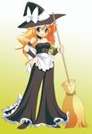  :d alternate_costume apron arm_garter bad_hands bare_shoulders bellbottoms blonde_hair bow braid broom choker dei_shirou gradient gradient_background hair_bow hand_on_hip hat kirisame_marisa long_hair open_mouth pants side_braid smile solo standing touhou witch_hat yellow_eyes 