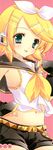  absurdres blonde_hair blush breasts headphones headset highres kagamine_rin long_image midriff navel shigunyan short_hair shorts sideboob small_breasts solo stick_poster tall_image vocaloid 