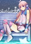  ahoge android bad_id bad_pixiv_id boots dress kneehighs long_hair multicolored multicolored_clothes multicolored_legwear muruaka red_eyes red_hair robot_joints sf-a2_miki sitting smile socks solo striped striped_legwear thighhighs vocaloid wrist_cuffs 