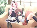  bike_shorts black_legwear book couch fang garden_(game) green_eyes hair_ribbon handheld_game_console highres himemiya_ruri hoshino_erika kneehighs multiple_girls pantyhose pillow pink_hair plant playstation_portable potted_plant raglan_sleeves red_eyes ribbon skirt socks wallpaper window yano_takumi 