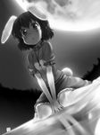  :&lt; animal_ears bad_id bad_pixiv_id between_thighs blush bunny_ears bunny_tail carrot carrot_necklace dress dutch_angle forest gradient greyscale highres inaba_tewi jewelry monochrome moon moonlight nagian nature necklace pendant reflection short_hair sitting solo tail touhou v_arms wading wariza water 