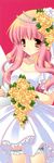  absurdres bouquet curly_hair dress flower highres long_hair long_image louise_francoise_le_blanc_de_la_valliere pink_hair rose shigunyan stick_poster tall_image wedding_dress yellow_flower yellow_rose zero_no_tsukaima 