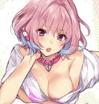  1girl arm_under_breasts bangs blue_hair breasts chin_rest cleavage earrings eyebrows_visible_through_hair fang hair_intakes idolmaster idolmaster_cinderella_girls jewelry large_breasts looking_at_viewer lying misosirudodo multicolored_hair naked_shirt off_shoulder on_stomach open_mouth pink_collar pink_hair purple_eyes shirt short_hair solo streaked_hair white_shirt yumemi_riamu 