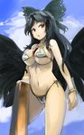  arm_cannon bikini bird_wings black_hair black_wings blue_sky bow bracelet breasts cloud day hair_bow highres jewelry large_breasts long_hair looking_at_viewer micro_bikini navel open_mouth red_eyes reiuji_utsuho side-tie_bikini sinzan sky solo swimsuit third_eye touhou underboob very_long_hair weapon white_bikini wings 