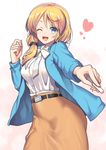  ;d belt blonde_hair blue_eyes chalk coat ellen_baker heart holding left-handed long_hair long_sleeves looking_at_viewer nagase_haruhito new_horizon one_eye_closed open_clothes open_coat open_mouth scrunchie shirt skirt smile solo 