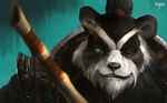  anthro armor bear black_fur black_hair blue_background chen_stormstout fur green_eyes hair hi_res korhiper looking_at_viewer male mammal panda pandaren simple_background staff video_games warcraft white_fur 