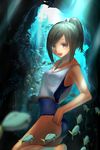  absurdres blurry brown_eyes brown_hair depth_of_field fish harukana_(harukana_10) highres i-401_(kantai_collection) kantai_collection one-piece_swimsuit ponytail school_swimsuit short_hair solo swimsuit underwater 