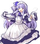  :d alternate_costume apron blue_hair cup dress enmaided frills hair_ornament hair_ribbon kotonoha_aoi long_hair long_skirt long_sleeves looking_at_viewer maid maid_apron maid_headdress nise_nanatsura open_mouth puffy_long_sleeves puffy_sleeves purple_hair red_eyes ribbon simple_background skirt smile solo tea_set teacup teapot tray voiceroid white_background 