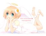  2016 ahoge angel angel_wings aqua_eyes artist_name bare_shoulders barefoot blonde_hair bow character_name chin_rest collarbone dated dress hair_bow halo happy_birthday heart kamikita_komari legs_up little_busters! lying on_stomach open_mouth red_string remotaro short_hair smile solo star string teeth the_pose white_dress wings wristband 
