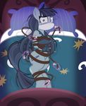  2016 bdsm bed blush bondage bound crosscut_(mlp) earth_pony equine fan_character female gag glowing high-angle_view horse levitation looking_at_viewer lying magic mammal my_little_pony on_bed pony radiantrealm rope rope_bondage solo sparkles 
