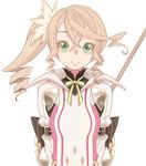  alisha_diphda drill_hair gauntlets green_eyes hair_between_eyes long_hair looking_at_viewer polearm side_drill side_ponytail simple_background smile solo tales_of_(series) tales_of_zestiria weapon white_background yuuki_(irodo_rhythm) 