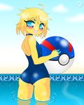  blonde_hair blue_eyes clothing fur hair joltik nintendo pok&eacute;mon pool_(disambiguation) razplus swimsuit video_games wet yellow_fur young 