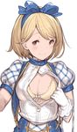  alternate_costume blonde_hair bra breasts brown_eyes cleavage djeeta_(granblue_fantasy) gloves granblue_fantasy hanarito highres kimi_to_boku_no_mirai looking_at_viewer medium_breasts open_clothes open_shirt shirt smile solo underwear undressing white_background 