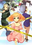  blonde_hair breasts brown_eyes brown_hair campus_notes_-_forget_me_not. caution_tape cleavage collar collarbone dress green_eyes hairband hat large_breasts long_hair looking_at_viewer looking_up multiple_girls necktie pochi_(pochi-goya) running short_hair silver_hair two_side_up vest 