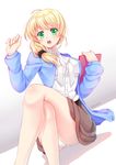  artist_name blonde_hair clipboard crossed_legs ellen_baker green_eyes long_hair low_ponytail new_horizon open_mouth panties ponytail scrunchie sitting solo teacher underwear villyane 