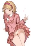  :p arm_support blonde_hair bow bowtie brown_eyes djeeta_(granblue_fantasy) granblue_fantasy hairband hanarito heart highres looking_at_viewer panties pink_hairband school_uniform skirt solo tongue tongue_out transparent_background underwear v wind wind_lift 