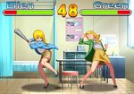  anne_green baseball_bat blonde_hair blue_jacket clenched_hands ellen_baker fake_screenshot fighting_game green_jacket health_bar infirmary jacket leaning_back long_sleeves multiple_girls new_horizon pixel_art ponytail shirt skirt smile solid_circle_eyes standing teacher yawakon 