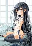  bangs black_hair black_legwear blush covering covering_breasts ear_blush flat_chest flying_sweatdrops from_side futon hand_on_own_chest hands_on_own_chest hatsushimo_(kantai_collection) highres indoors jewelry kantai_collection long_hair looking_at_viewer low-tied_long_hair messy_hair navel no_shoes nude own_hands_together ring single_thighhigh sitting sliding_doors smile sogabe_toshinori solo stomach thighhighs twitter_username very_long_hair wariza 