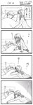  1girl 4koma blanket climbing closed_eyes comic greyscale highres hoshina_satoya long_sleeves looking_at_another lying lying_on_person monochrome on_back on_bed on_stomach original outstretched_arm pillow pleated_skirt skirt sleeping sleeves_past_wrists sweater translated under_covers 