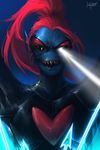  &lt;3 armor black_sclera blue_background female fish glowing glowing_eyes hair korhiper looking_at_viewer magic magic_user marine melee_weapon open_mouth polearm red_hair sharp_teeth simple_background spear teeth undertale undyne undyne_the_undying video_games weapon yellow_eyes 