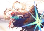  1girl absurdres bangs blonde_hair blue_eyes blurry blurry_background bradamante_(fate/grand_order) breasts cleavage commentary_request depth_of_field dutch_angle eyebrows_visible_through_hair fate/grand_order fate_(series) floating_hair glowing glowing_weapon gluteal_fold groin hair_between_eyes halo highres holding holding_weapon jacket jacket_on_shoulders long_hair medium_breasts navel open_mouth outdoors re:rin revealing_clothes sidelocks solo very_long_hair weapon white_jacket 
