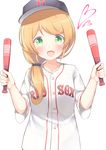  absurdres baseball_bat baseball_cap blonde_hair blush boston_red_sox buttons clothes_writing collarbone ellen_baker go-1 green_eyes hair_over_shoulder hair_ribbon hat heart highres holding long_hair looking_at_viewer low_ponytail major_league_baseball new_horizon open_mouth ribbon shirt short_sleeves solo sportswear upper_body white_background 