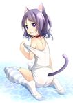 animal_ears ass bare_shoulders bell cat_ears collar from_behind jingle_bell looking_back one-piece_swimsuit open_mouth original purple_eyes purple_hair school_swimsuit shibacha short_hair sitting smile solo striped striped_legwear swimsuit swimsuit_pull tail tail_through_clothes thighhighs water white_school_swimsuit white_swimsuit 