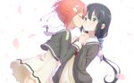  arm_around_waist birthday black_hair cheek_kiss cherry_blossoms closed_eyes commentary green_eyes hair_ornament hair_ribbon holding_hands interlocked_fingers kiss leaning_on_person long_hair looking_at_another multiple_girls okutagon pink_hair ribbon sanshuu_middle_school_uniform school_uniform short_hair side_ponytail simple_background smile tougou_mimori white_background yuri yuuki_yuuna yuuki_yuuna_wa_yuusha_de_aru yuusha_de_aru 