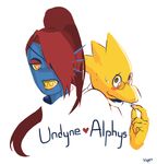  &lt;3 alphys blush brown_eyes eye_patch eyewear fish glasses hair korhiper lizard marine red_hair reptile scales scalie sharp_teeth simple_background sweat teeth undertale undyne video_games white_background yellow_eyes yellow_scales 