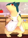  apron blush clitoral_hood clitoris clothing female feral flashing looking_at_viewer nintendo pok&eacute;mon pussy quilava shy solo standing tamato_berry vcrow_shuu video_games 