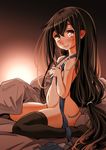  bangs black_hair black_legwear blush covering covering_breasts ear_blush flat_chest flying_sweatdrops from_side futon gradient hand_on_own_chest hands_on_own_chest hatsushimo_(kantai_collection) highres indoors jewelry kantai_collection long_hair looking_at_viewer low-tied_long_hair messy_hair navel no_shoes nude own_hands_together ring shade single_thighhigh sitting smile sogabe_toshinori solo stomach thighhighs twitter_username very_long_hair wariza 