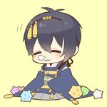  :3 blue_hair candy chibi closed_eyes cup food furofuki_daikon japanese_clothes konpeitou male_focus mikazuki_munechika nose_bubble sitting sleeping sleeping_upright solo touken_ranbu yunomi 