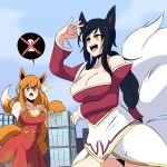  2girls :p absurdres ahri animal_ears bare_shoulders black_hair breasts building city collarbone commission day destruction dress eyebrows_visible_through_hair fox_ears fox_girl fox_tail giantess hair_between_eyes herretik highres holding large_breasts league_of_legends long_hair multiple_girls multiple_tails open_mouth orange_eyes original red_dress size_difference sky skyscraper speech_bubble standing tail teeth tongue tongue_out vore whisker_markings yellow_eyes 