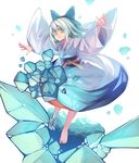  alternate_costume anarogumaaa barefoot blue_eyes bow cirno hair_bow ice japanese_clothes silver_hair solo touhou wide_sleeves 