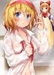  alice_margatroid bangs blonde_hair blue_eyes blush bow closed_mouth collared_shirt efe eyebrows eyebrows_visible_through_hair hair_between_eyes hair_bow hairband long_sleeves looking_at_viewer navel open_clothes red_bow see-through shanghai_doll shirt short_hair solo touhou towel upper_body wet wet_clothes wet_hair white_shirt 