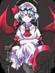  ascot bat_wings blaze_(artist) blue_hair bow brooch crossed_legs hat hat_bow highres jewelry mob_cap one_eye_closed red_eyes remilia_scarlet sitting smile solo touhou wings 