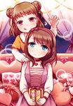  :p blue_eyes blush bow bracelet brown_hair choker couch curtains doseki_udon double_bun dress earrings gift groping_motion hairband heart idolmaster idolmaster_cinderella_girls jewelry moon multiple_girls munakata_atsumi night pillow purple_eyes sakuma_mayu short_hair smile tongue tongue_out 