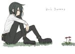  1girl androgynous artist_request black_eyes black_hair female flat_color flower grass kino kino_no_tabi nature outdoors pouch_bag short_hair solo tagme white_background 