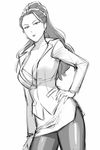  breasts cleavage earrings executive_mishiro formal greyscale hair_pulled_back hand_on_hip idolmaster idolmaster_cinderella_girls jewelry large_breasts long_hair monochrome pantyhose pencil_skirt ponytail serious sketch skirt skirt_suit solo suit ueyama_michirou 
