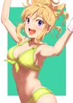  :d armpits arms_up bare_shoulders bikini blonde_hair blush border breasts cleavage collarbone cowboy_shot eyelashes front-tie_bikini front-tie_top gloves green_background green_bikini green_ribbon idolmaster idolmaster_cinderella_girls long_hair looking_at_viewer medium_breasts midriff navel ootsuki_yui open_mouth outside_border pettan_p purple_eyes ribbon round_teeth short_hair side_ponytail simple_background smile solo stomach sweat sweatdrop swimsuit teeth tsurime white_border white_gloves 