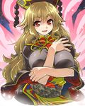  bangs between_breasts black_dress blonde_hair breasts chinese_clothes dress energy eyebrows eyebrows_visible_through_hair hat junko_(touhou) large_breasts long_hair looking_at_viewer open_mouth red_eyes sash smile solo tabard touhou umigarasu_(kitsune1963) upper_body wide_sleeves 