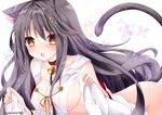 animal_ears bad_id bad_pixiv_id bell bell_collar bent_over black_hair blush bottomless breasts brown_eyes cat_ears cat_tail collar collarbone detached_sleeves hair_ornament hairclip haruna_(kantai_collection) kantai_collection kemonomimi_mode large_breasts long_hair looking_at_viewer naked_shirt nanase_nao no_bra open_clothes open_mouth open_shirt shirt sideboob solo tail very_long_hair 