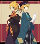  :d ahoge akiyoshi_(tama-pete) alternate_costume bangs blue_eyes border checkered closed_mouth dual_persona eyebrows eyebrows_visible_through_hair gloves hair_ribbon hakama haori hat holding holding_paper japanese_clothes kagamine_len long_sleeves looking_at_viewer male_focus multiple_boys open_mouth paper pom_pom_(clothes) ponytail ribbon shawl smile striped striped_background tassel vocaloid white_gloves wide_sleeves 