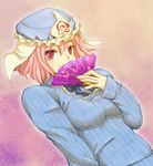  alternate_costume casual commentary_request fan hat hitodama long_sleeves looking_at_viewer mob_cap pink_eyes pink_hair ribbed_sweater sachi_(y0sh1sach1) saigyouji_yuyuko short_hair solo sweater touhou triangular_headpiece 