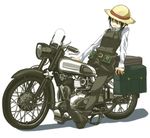  1girl androgynous artist_request black_eyes black_hair hat hermes kino kino_no_tabi luggage motorcycle pouch_bags short_hair solo tagme vehicle 