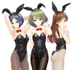  animal_ears armpits arms_up ass bangs bare_shoulders black_hair blue_eyes bow bowtie breasts brown_hair bunny_ears bunny_girl bunny_tail bunnysuit covered_navel cowboy_shot detached_collar fishnet_pantyhose fishnets green_eyes hayami_kanade heterochromia highres idolmaster idolmaster_cinderella_girls infinote long_hair looking_at_viewer medium_breasts mole mole_under_eye multiple_girls nitta_minami pantyhose parted_bangs parted_lips short_hair simple_background swept_bangs tail takagaki_kaede thighband_pantyhose white_background wrist_cuffs yellow_eyes 